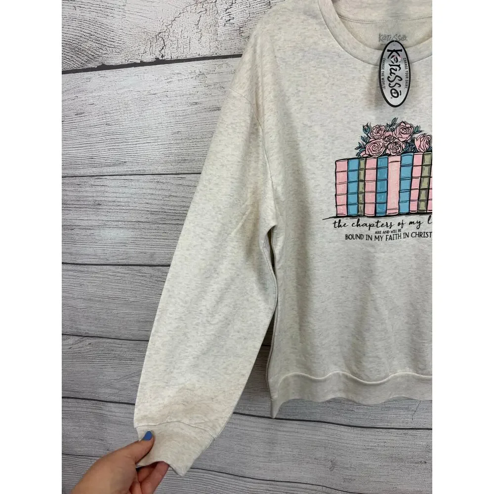 Kerusso Women's Cream Books Graphic Religious Sweatshirt Size Large - Picture 4 of 5
